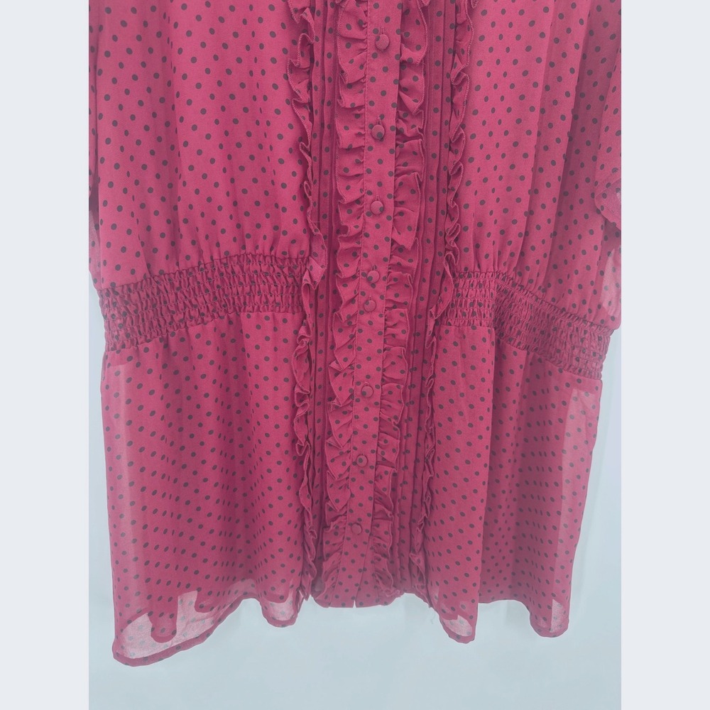 Torrid Womens Blouse 4 Burgundy Polka Dot Ruffle Smocked Waist Chiffon Top - Picture 5 of 7